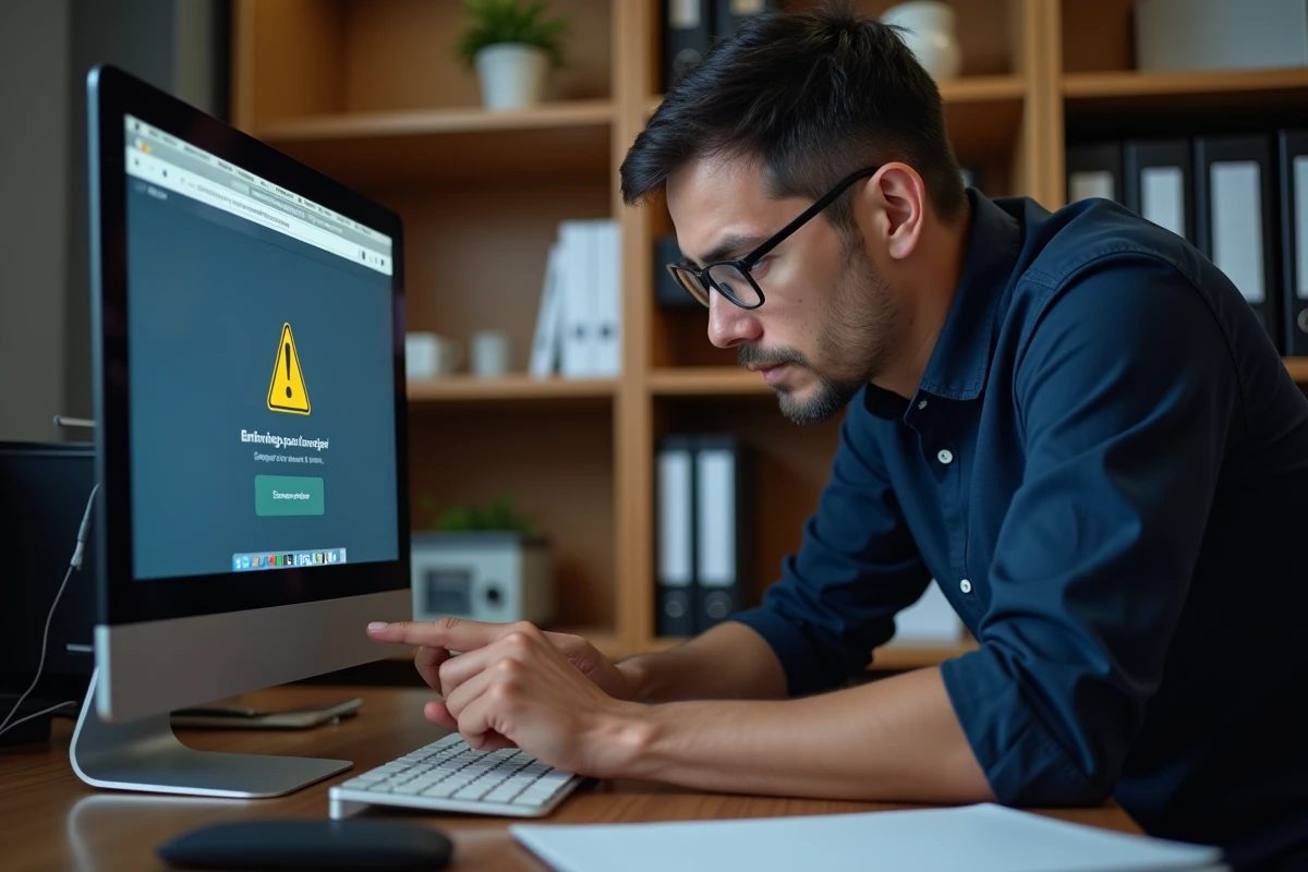 Homme avec lunettes pointant un message d'erreur sur un ordinateur de bureau lors d'un problème de connexion PIXID