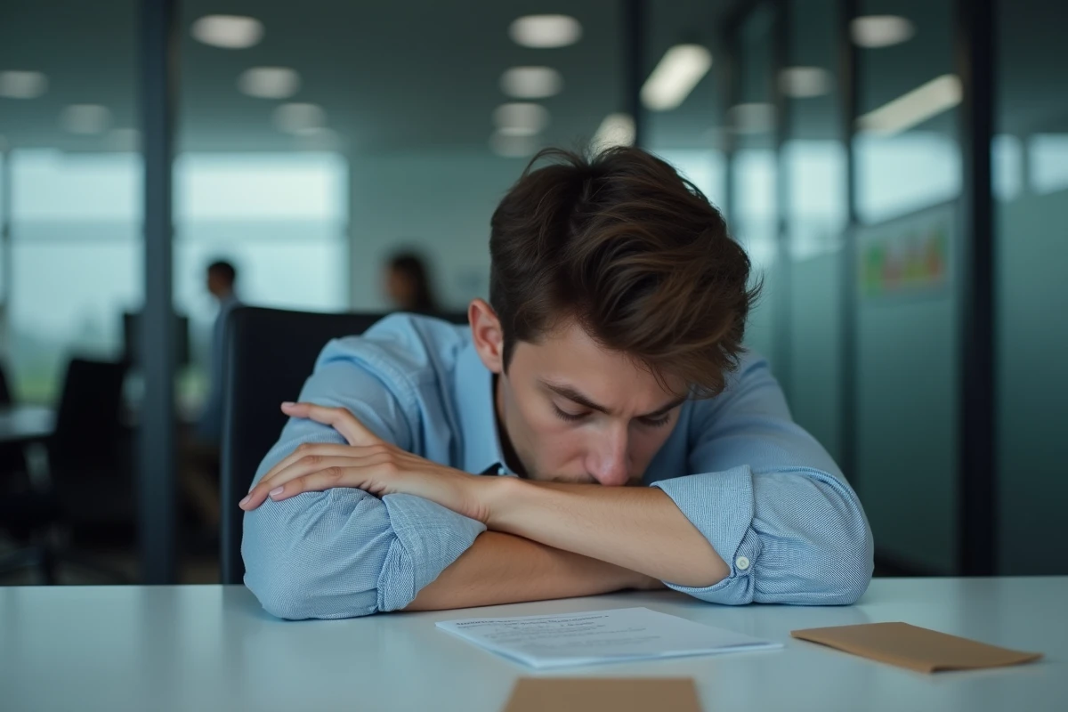 Jeune homme épuisé au bureau en posture de fatigue