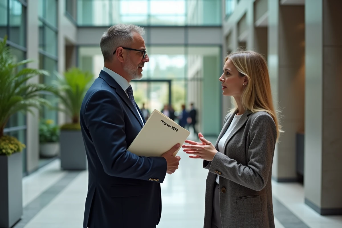 Homme et femme discutant dans un atrium municipal