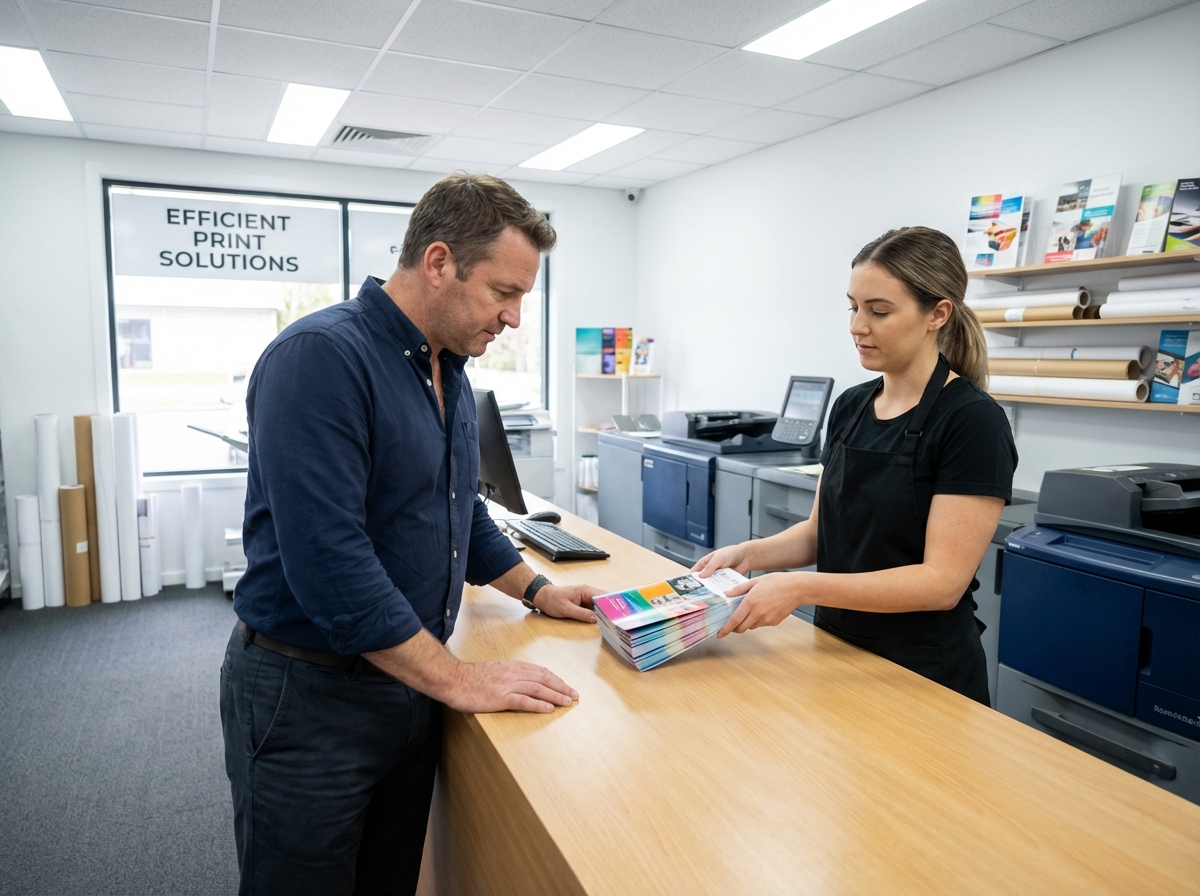 Homme reçoit des brochures colorées dans un atelier d