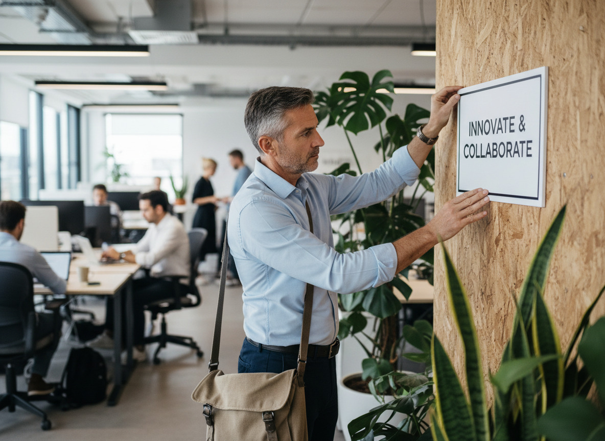 Homme en business casual posant une signalisation dans un espace coworking