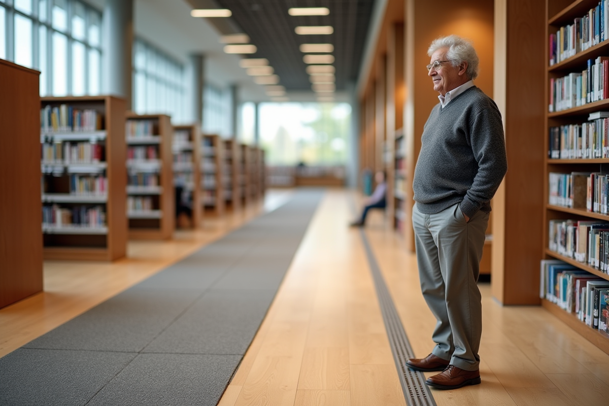 Homme âgé dans une bibliothèque avec cheminements accessibles
