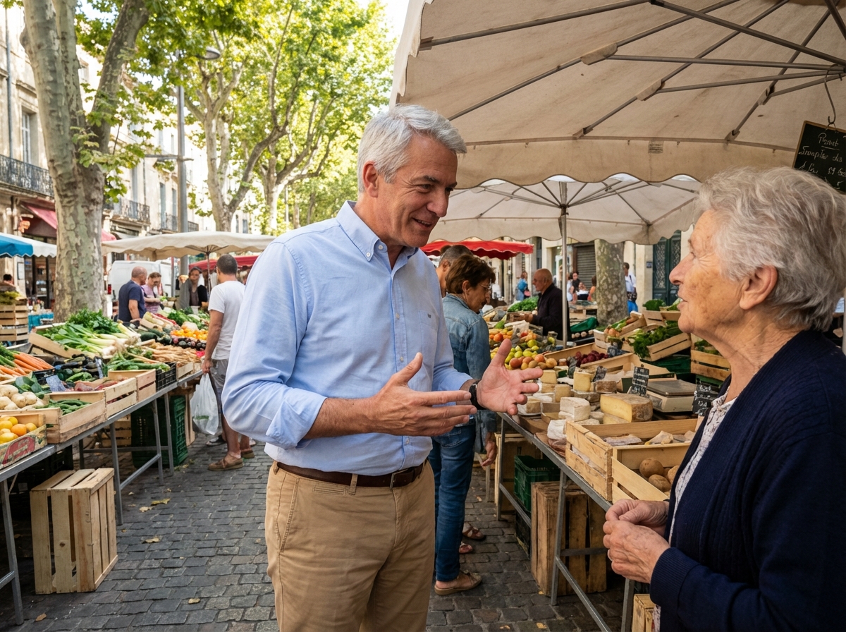 Homme discutant avec vendeur au marché de Montpellier