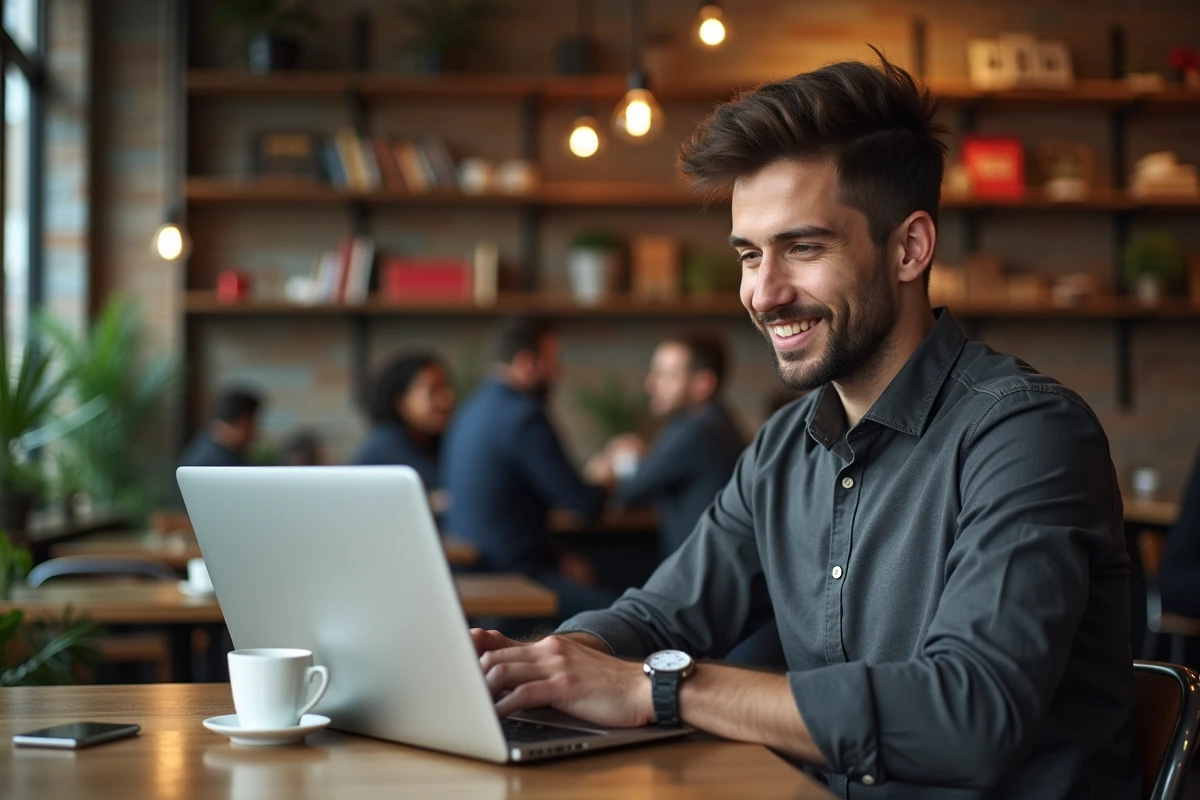 Jeune professionnel mettant à jour son profil sur un réseau TEE depuis un café urbain