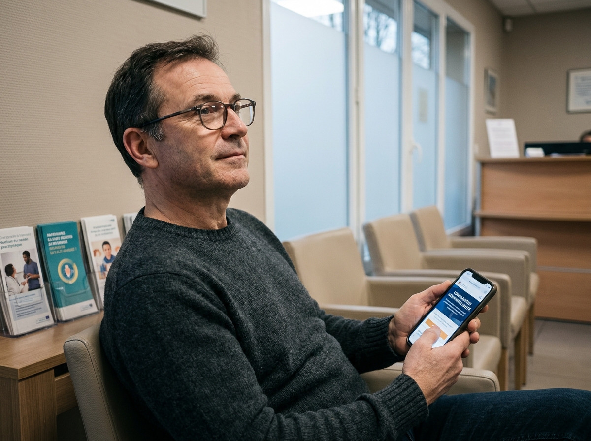 Homme consultant une application de comparaison de mutuelle santé sur smartphone dans une salle d'attente médicale