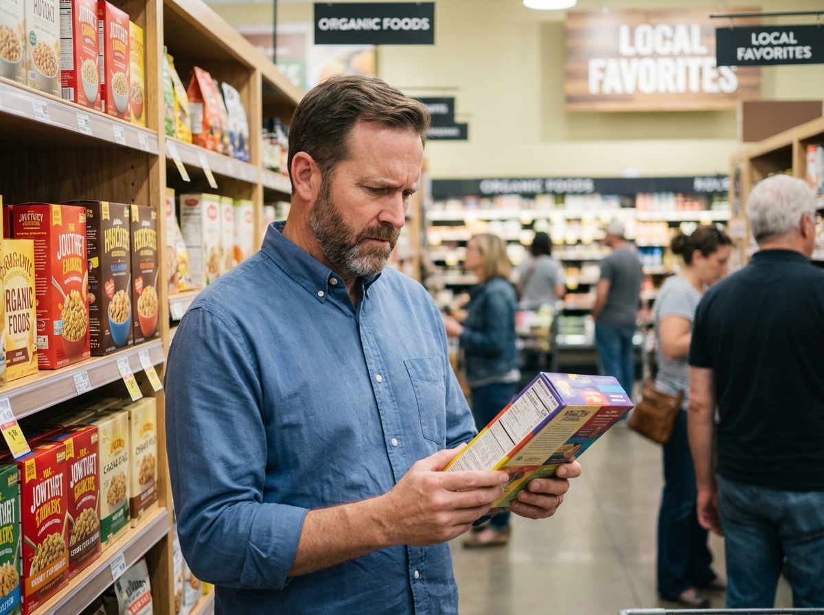 Homme examinant des emballages dans un rayon de magasin