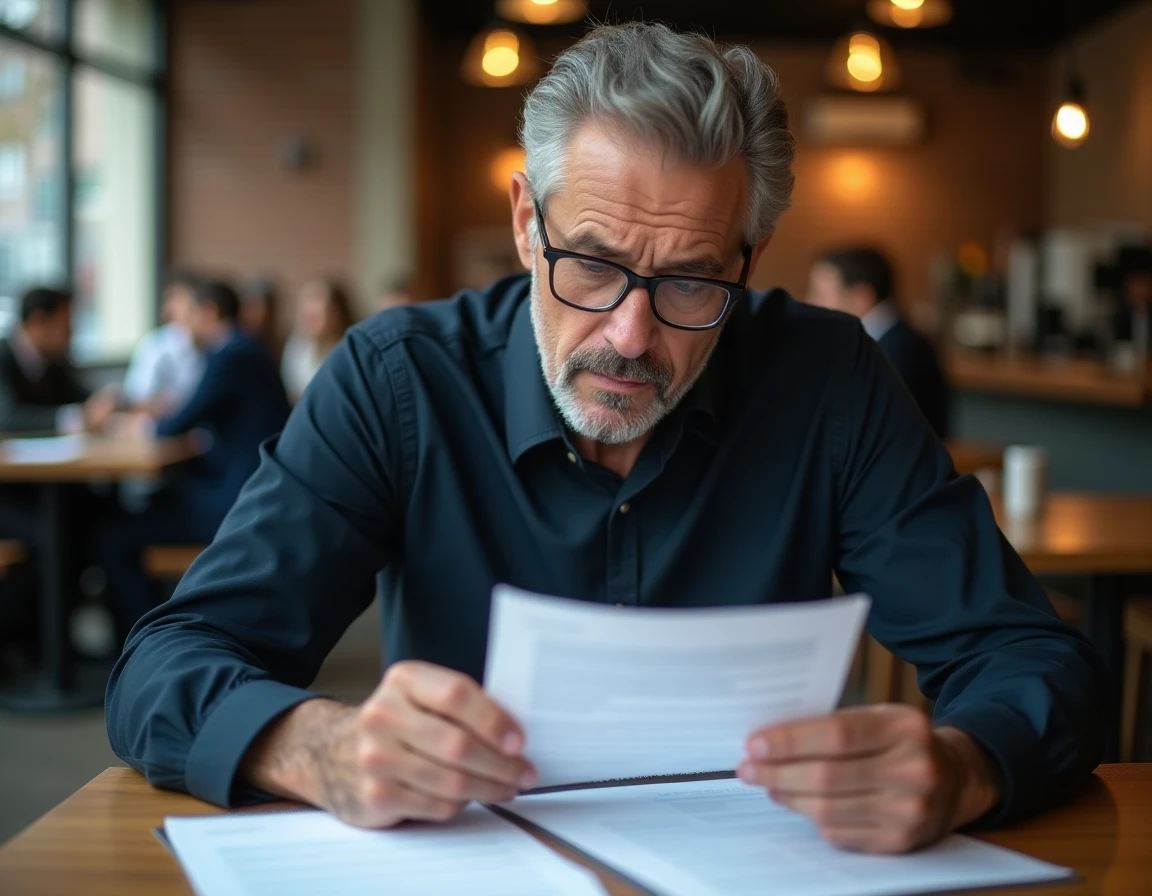 Homme en reconversion professionnelle comparant une lettre manuscrite et un CV dans un café