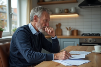 Homme d'âge moyen examine des documents dans la cuisine