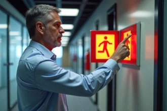 Homme en tenue business pointant une sortie de secours