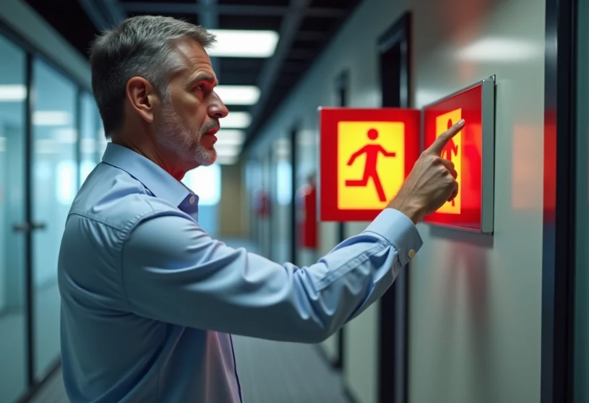 Homme en tenue business pointant une sortie de secours