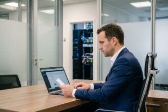 Homme d'affaires en costume vérifiant la sécurité au bureau