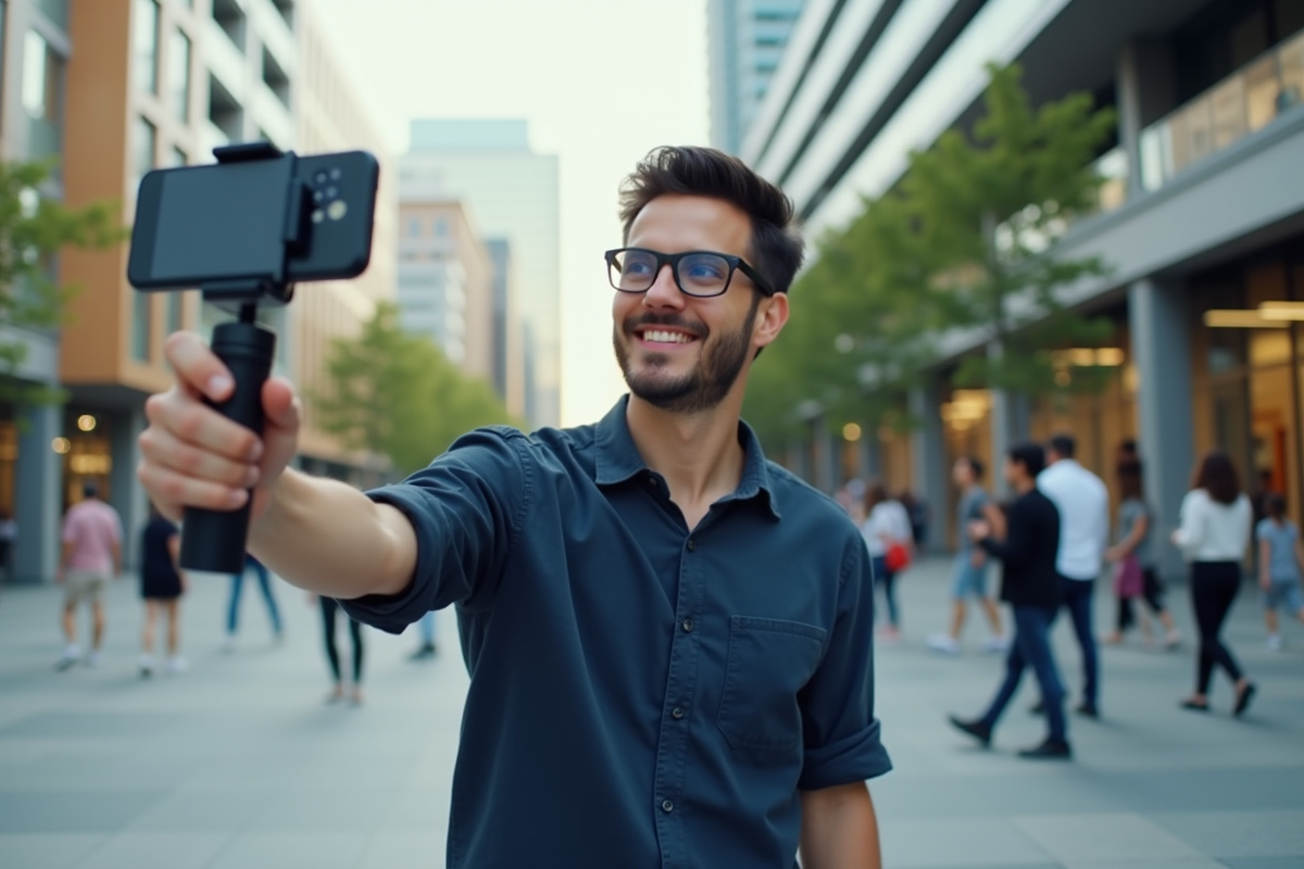 Homme en extérieur enregistrant une vidéo selfie urbaine