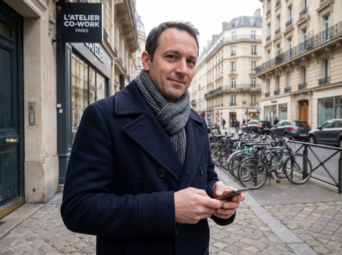 Homme dans un espace de coworking parisien regardant son smartphone