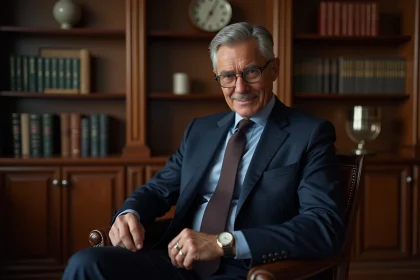 Homme en costume navy dans une bibliothèque élégante