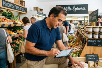 Homme méditerranéen vérifiant inventaire en supermarché