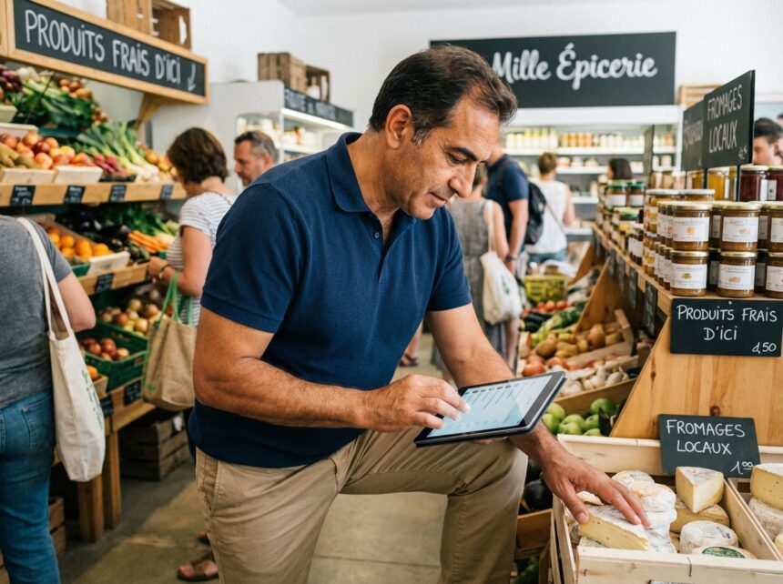 Homme méditerranéen vérifiant inventaire en supermarché