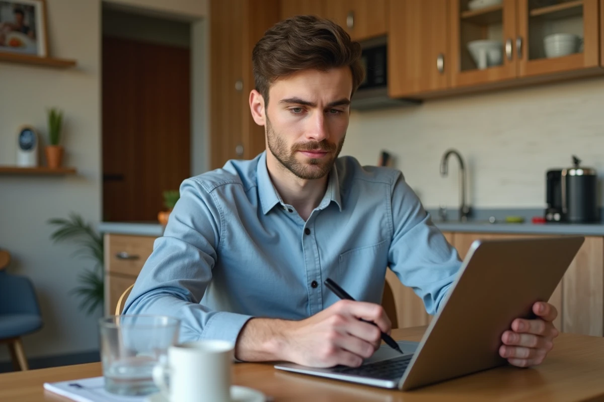 Homme à la maison remplissant un formulaire RH sur tablette