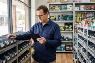 Homme d'âge moyen utilisant une tablette dans un magasin de bricolage