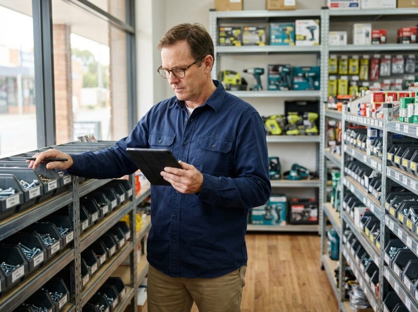 Homme d'âge moyen utilisant une tablette dans un magasin de bricolage