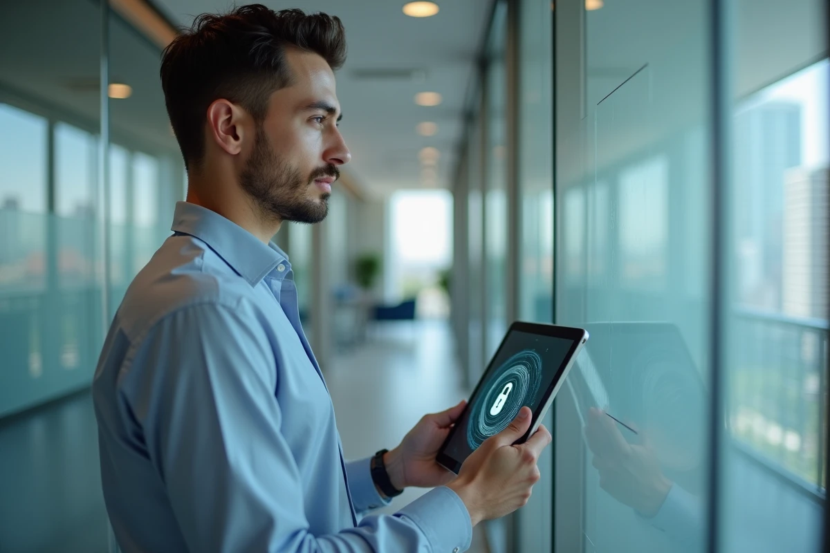 Employe homme consulte une tablette avec icone de protection des donnees
