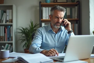Homme au téléphone essayant de contacter l'Urssaf depuis son bureau à domicile avec des documents administratifs
