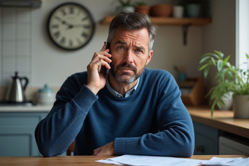 Homme d'âge moyen parlant au téléphone dans une cuisine chaleureuse