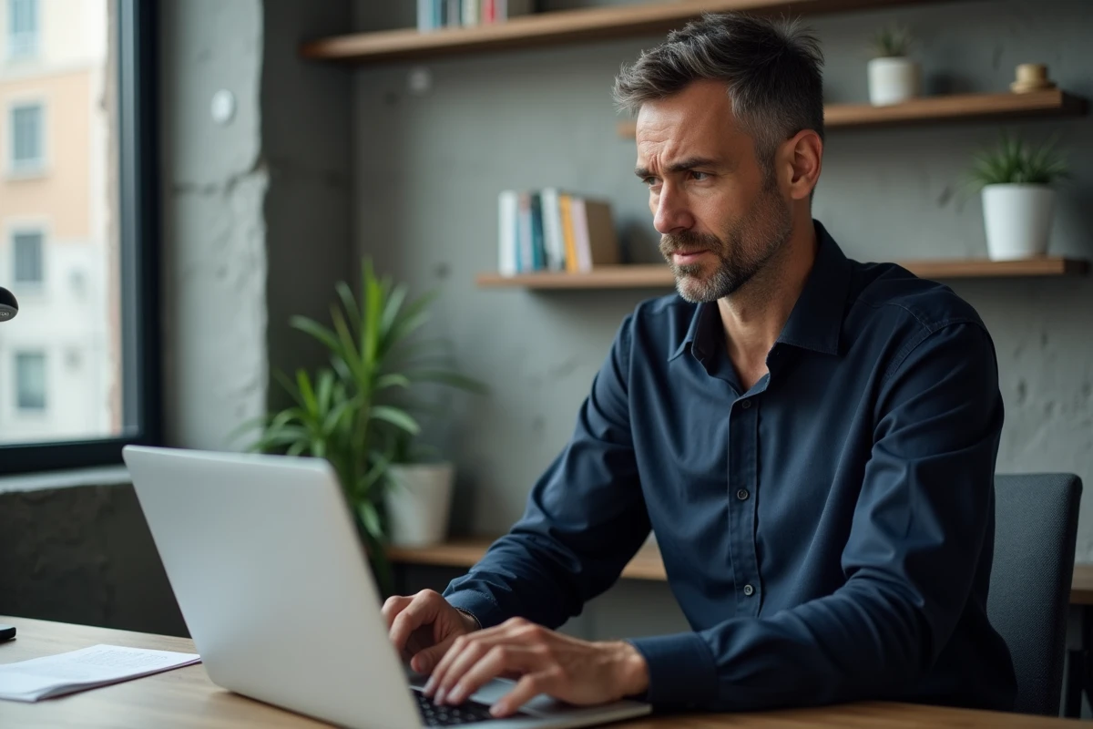 Homme en télétravail consultant un tableau de planification d'équipe sur ordinateur portable dans un bureau minimaliste