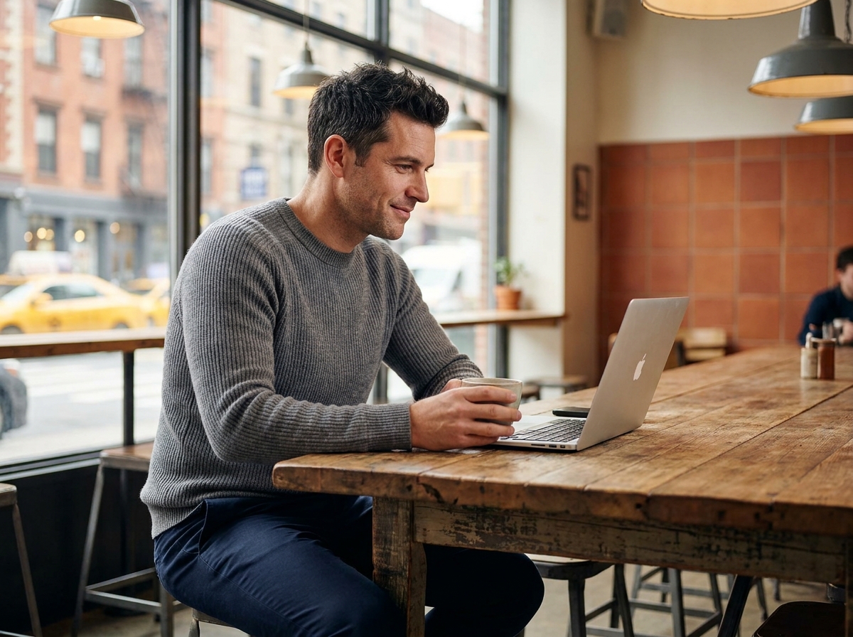 Homme jeune professionnel travaillant sur ordinateur portable dans un café urbain avec décor industriel