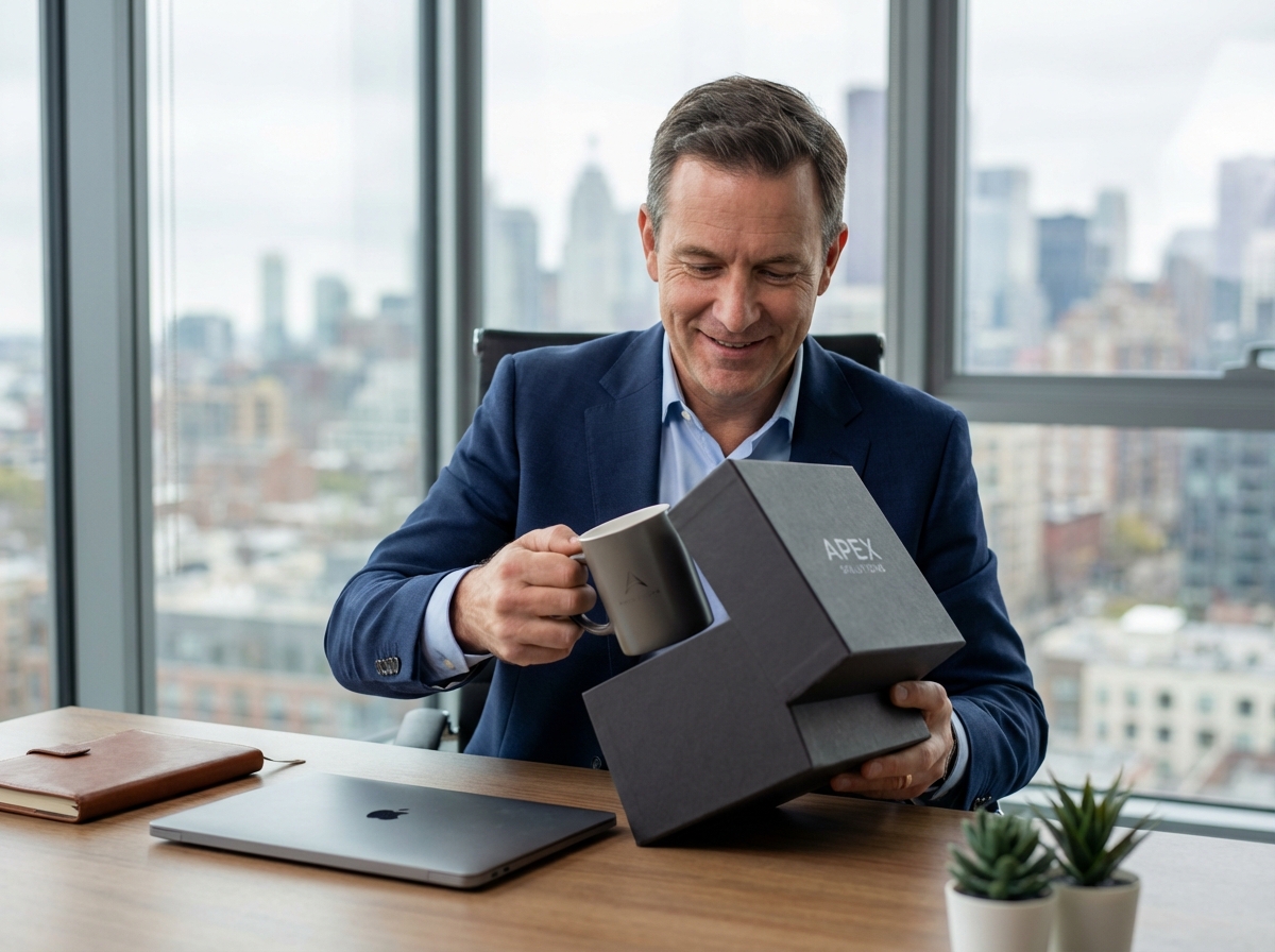 Homme en costume déballant une tasse d