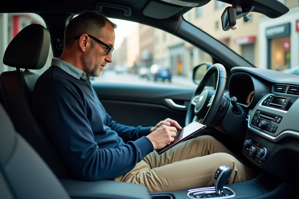 Homme utilisant une tablette dans une voiture en ville
