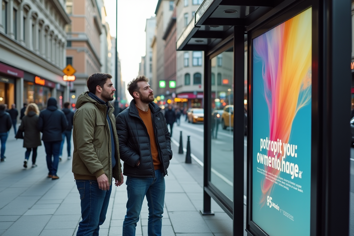 Deux hommes regardent une affiche publicitaire urbaine