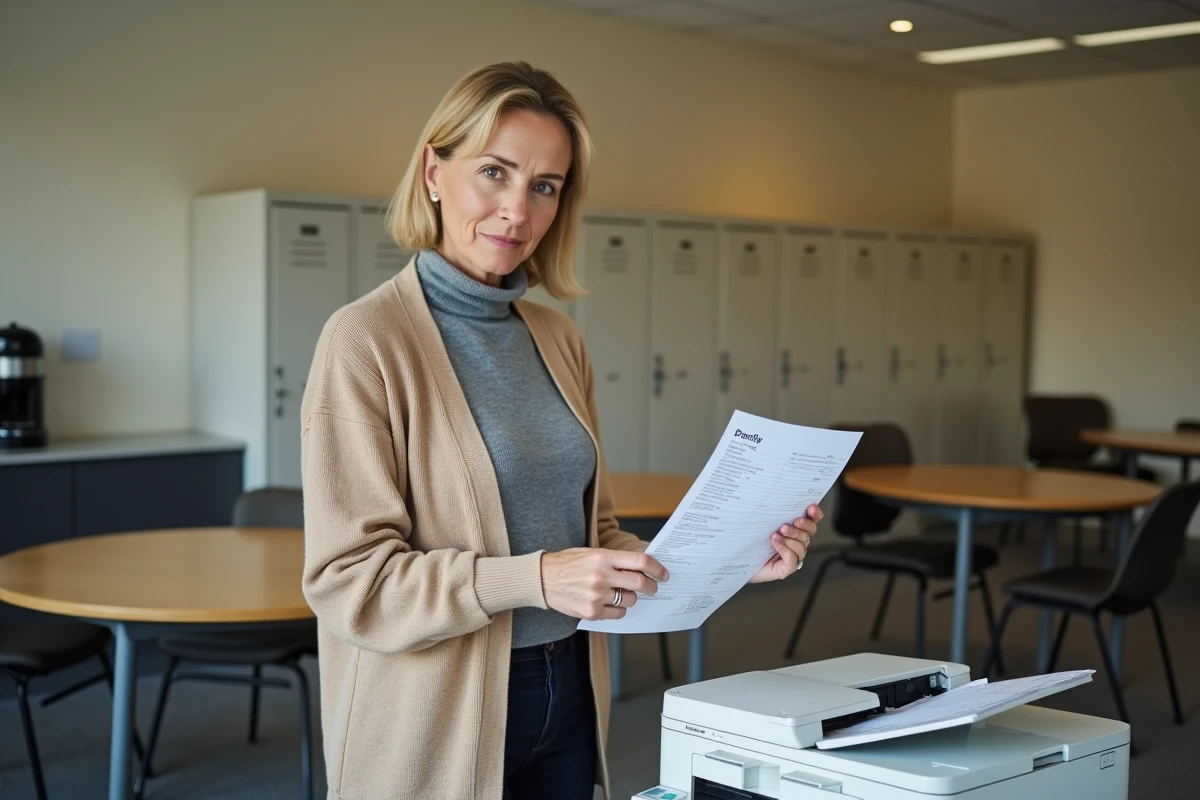 Professeure imprimant sa fiche de paie dans la salle des enseignants d'un établissement scolaire
