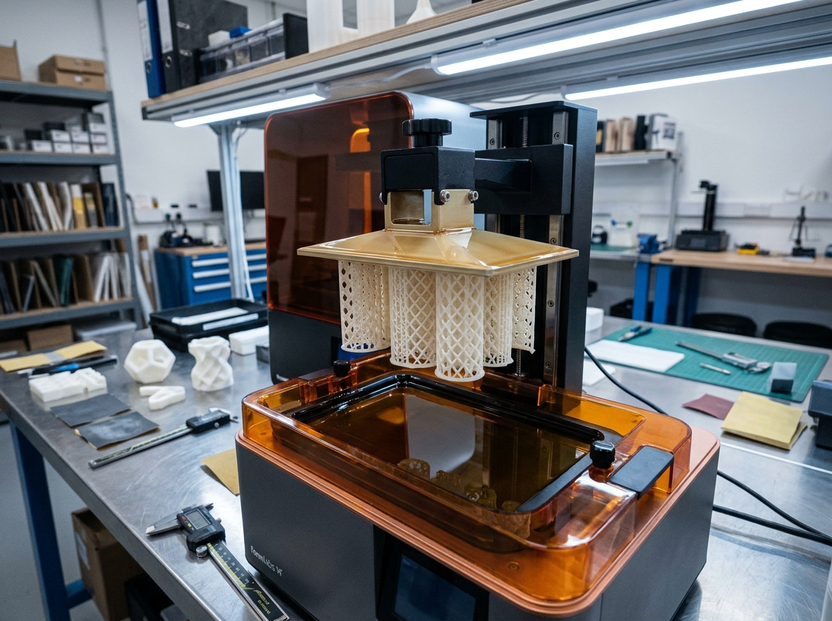 Imprimante 3D résine SLA en cours d'impression de pièces prototypes dans un atelier de production industrielle