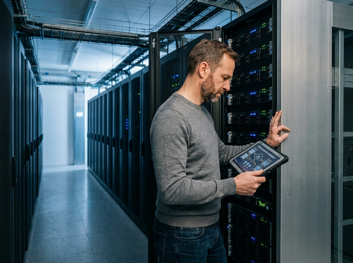 Ingénieur informatique européen dans un centre de données souverain inspectant l'architecture réseau sur tablette