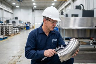 Ingénieur industriel inspectant un raccord en acier inoxydable 316L dans une usine de fabrication de précision