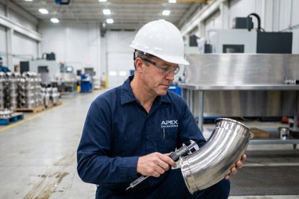 Ingénieur industriel inspectant un raccord en acier inoxydable 316L dans une usine de fabrication de précision