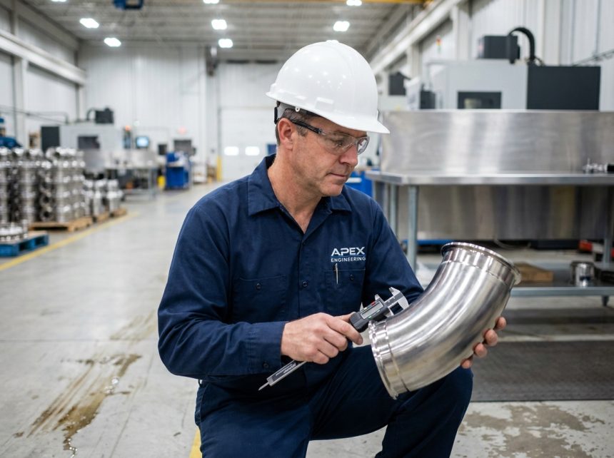 Ingénieur industriel inspectant un raccord en acier inoxydable 316L dans une usine de fabrication de précision