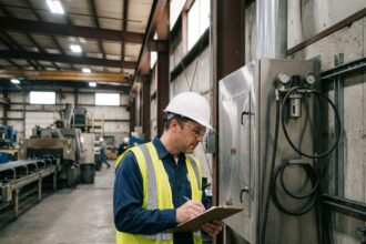 Ingénieur industriel inspectant un système de filtration d'air dans une usine de fabrication