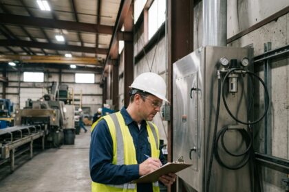 Ingénieur industriel inspectant un système de filtration d'air dans une usine de fabrication