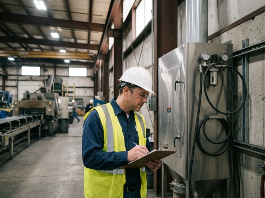 Ingénieur industriel inspectant un système de filtration d'air dans une usine de fabrication
