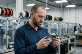 Ingénieur industriel examinant une pièce imprimée en 3D dans une usine de fabrication additive moderne
