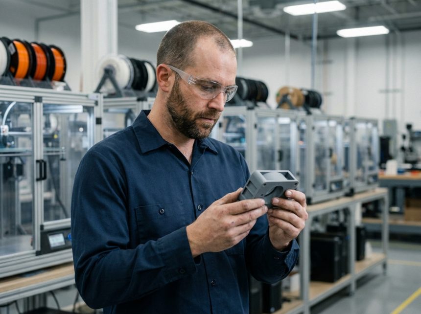 Ingénieur industriel examinant une pièce imprimée en 3D dans une usine de fabrication additive moderne