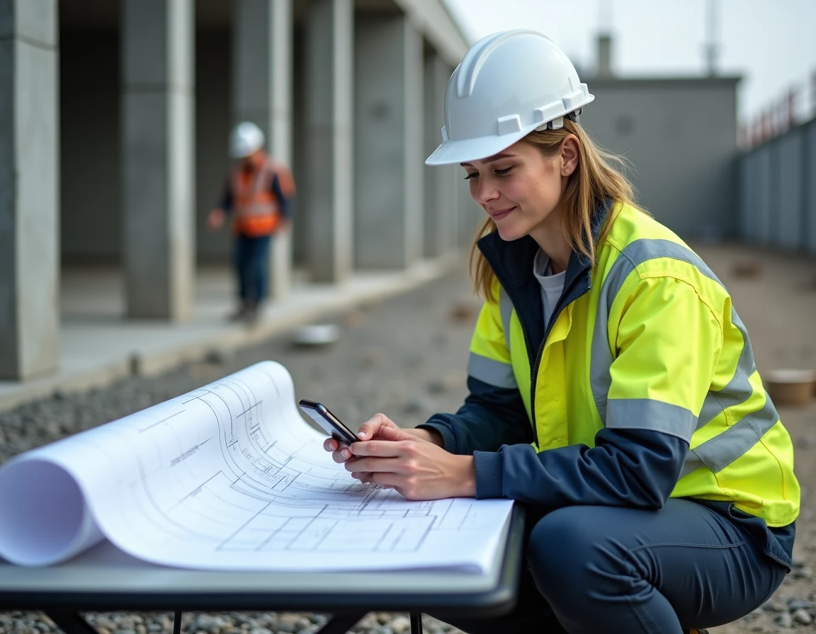 Ingénieure de chantier consultant des plans et un smartphone avec application de suivi de chantier sur un site de construction en extérieur