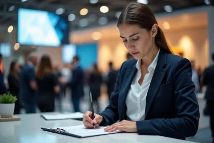 Jeune femme s'inscrivant à un événement professionnel entrepreneurial au guichet d'accueil d'un salon d'affaires
