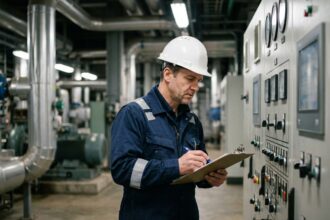 Ingénieur effectuant une inspection technique réglementaire sur un panneau de contrôle industriel