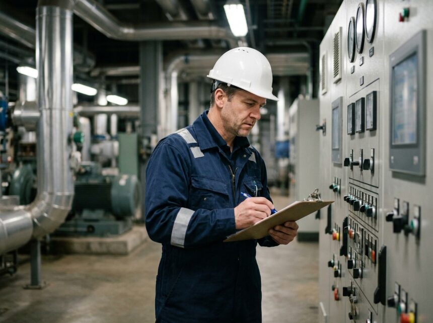 Ingénieur effectuant une inspection technique réglementaire sur un panneau de contrôle industriel