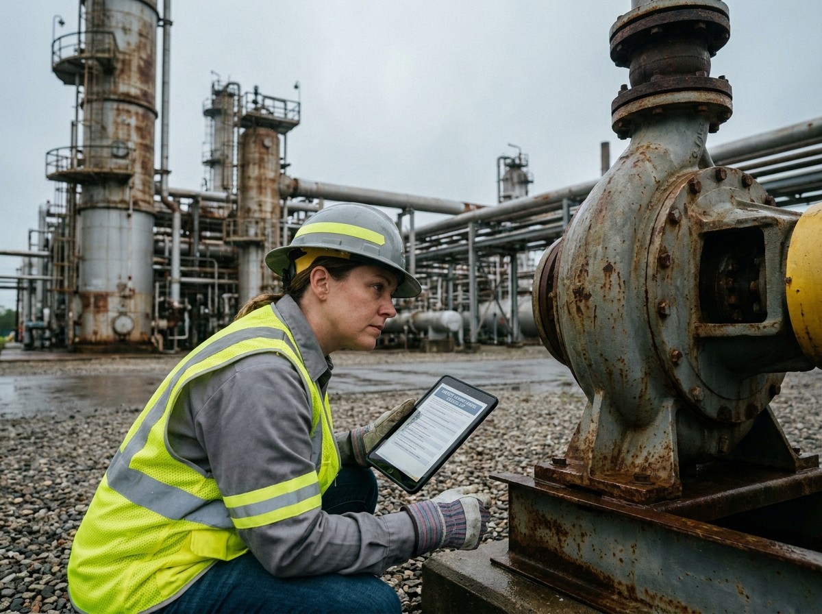 Inspectrice de sécurité vérifiant la conformité réglementaire d'équipements industriels en extérieur