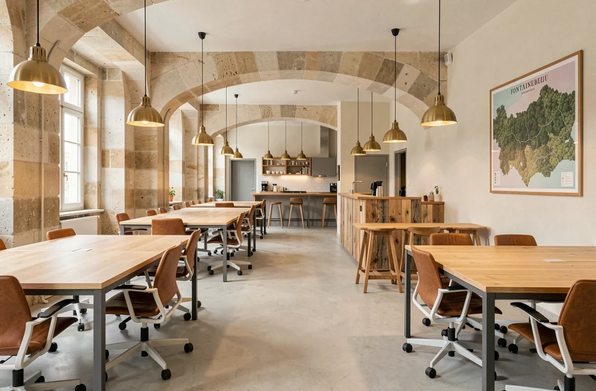 Vue intérieure d'un espace de coworking vide à Fontainebleau mêlant architecture ancienne et mobilier moderne