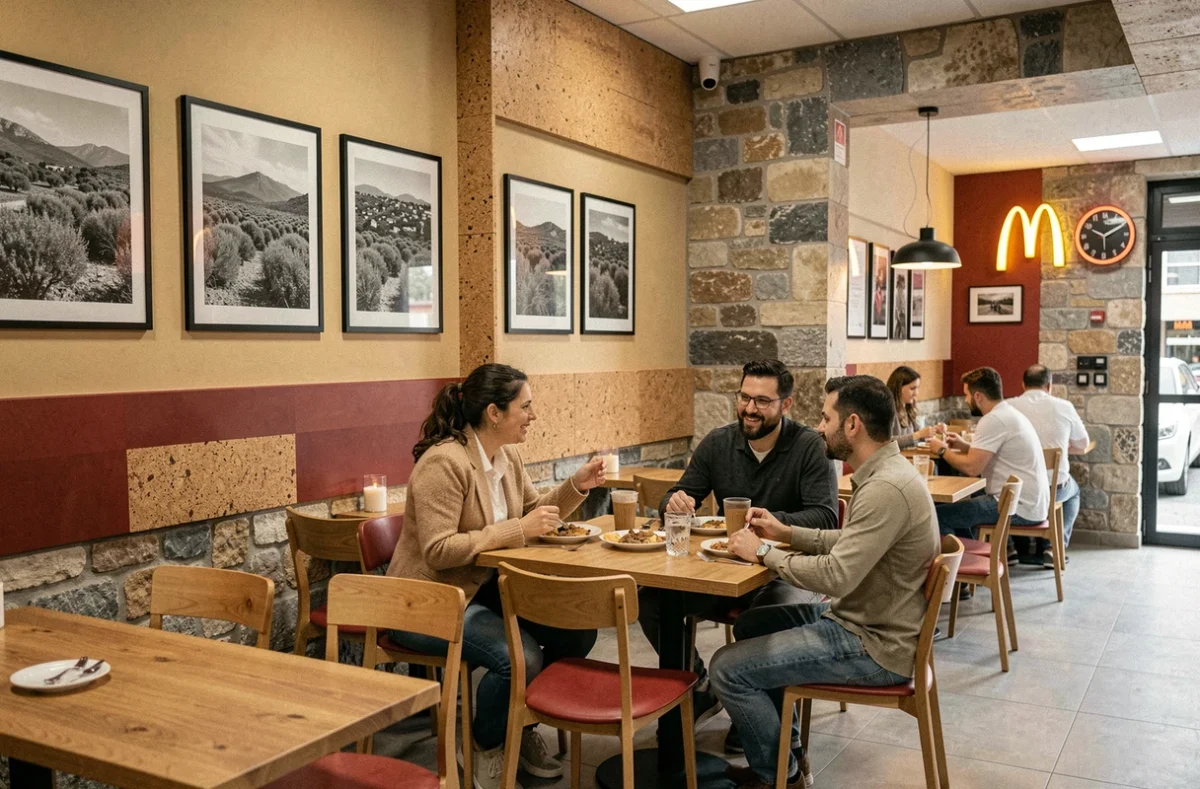 Intérieur d'un McDonald's en Corse avec décoration locale intégrant des éléments de la culture et des paysages insulaires