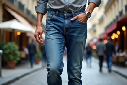 Homme en jeans français dans une rue parisienne